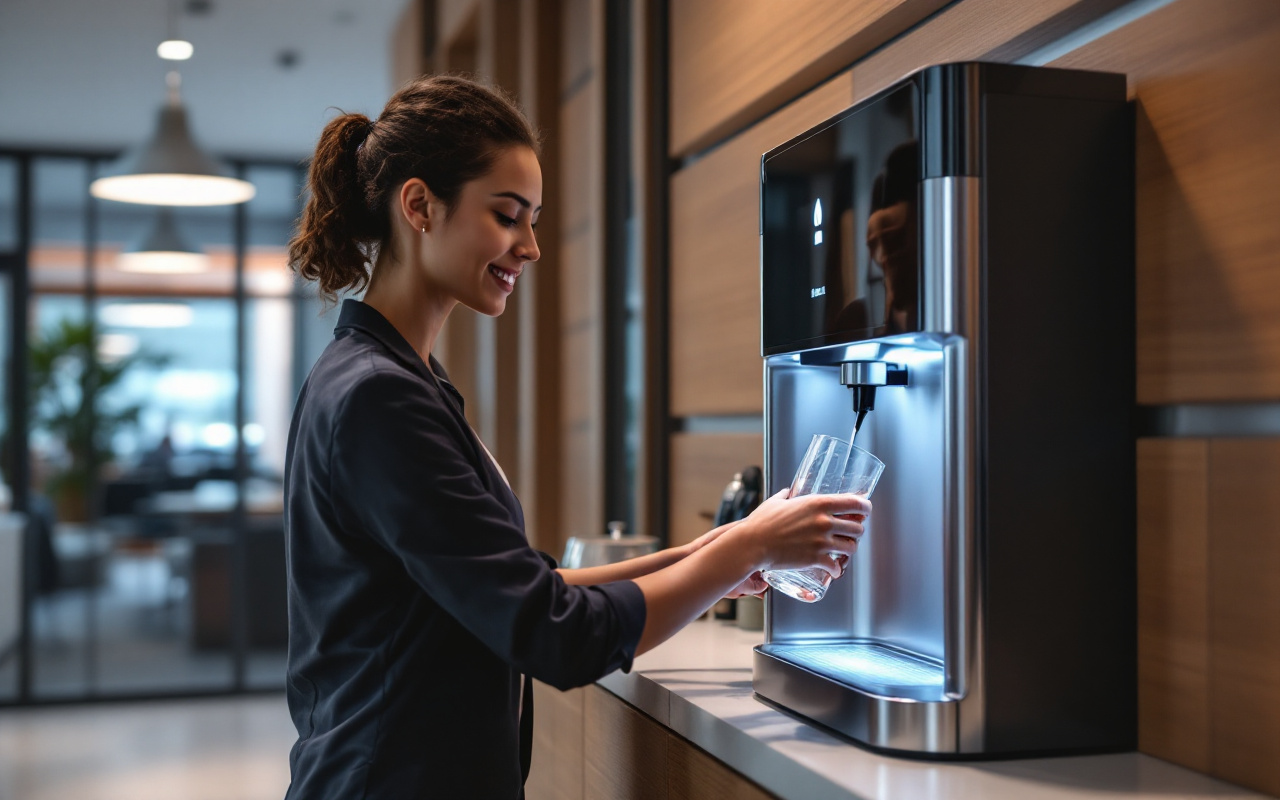 Un employ&eacute; remplit un verre &agrave; partir d'un distributeur d'eau &eacute;l&eacute;gant dans un bureau moderne, avec un int&eacute;rieur lumineux et des accents en bois.
