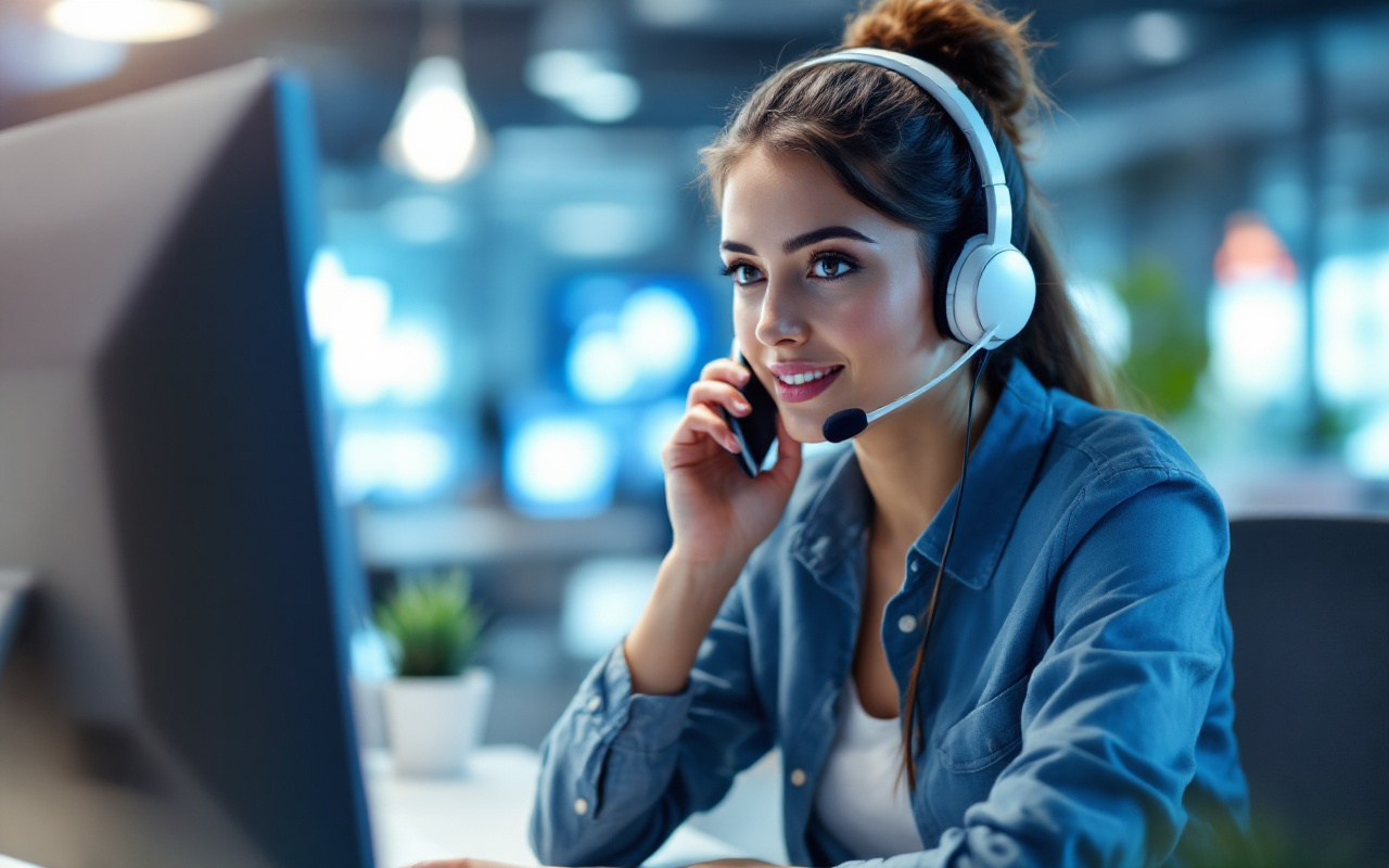 Un représentant du service client en train de parler au téléphone, concentré, portant un casque, dans un bureau lumineux aux tonalités douces de bleu et de blanc.