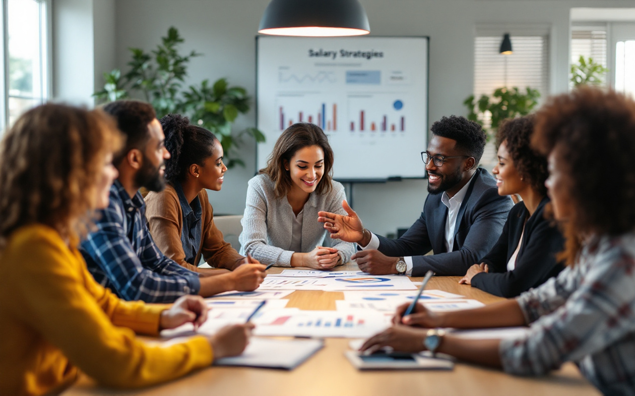 Une r&eacute;union d'affaires o&ugrave; une &eacute;quipe diversifi&eacute;e discute des strat&eacute;gies salariales autour d'une table, avec des graphiques et des tableaux affich&eacute;s, dans un bureau professionnel &eacute;clair&eacute; par une lumi&egrave;re douce et chaleureuse.