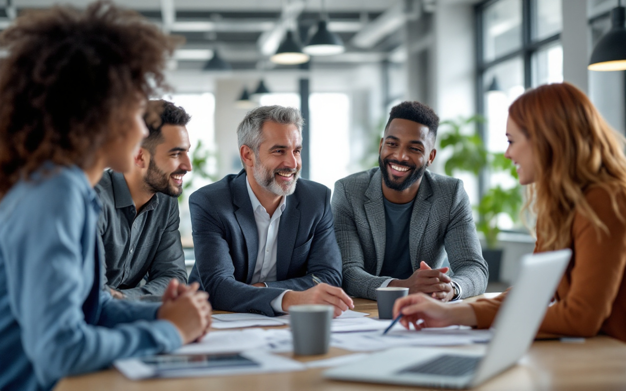 Une équipe d'affaires discutant des plans de récupération après sinistre dans un bureau moderne, avec des individus divers autour d'une table remplie de documents et d'ordinateurs portables.