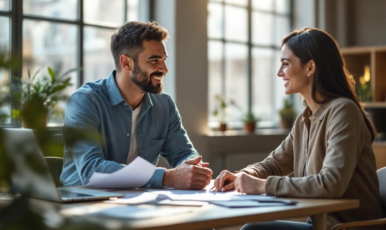 Un consultant en recrutement rencontre un travailleur temporaire dans un bureau moderne, assis à une table avec un ordinateur portable et des documents. La lumière naturelle volumétrique entre par de grandes fenêtres, créant une atmosphère professionnelle et détendue.