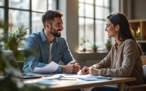 Un consultant en recrutement rencontre un travailleur temporaire dans un bureau moderne, assis à une table avec un ordinateur portable et des documents. La lumière naturelle volumétrique entre par de grandes fenêtres, créant une atmosphère professionnelle et détendue.