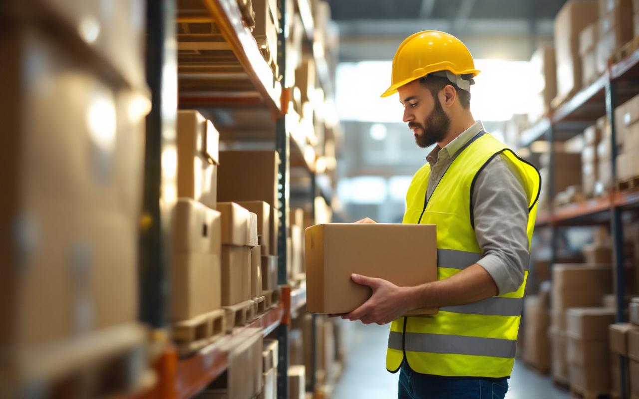 Photo réaliste d'un ouvrier d'entrepôt portant un gilet de haute visibilité jaune, vérifiant des colis sur des étagères métalliques dans un grand entrepôt éclairé par des rayons de soleil volumétriques, ambiance professionnelle, couleurs dominantes jaune, bleu et gris.