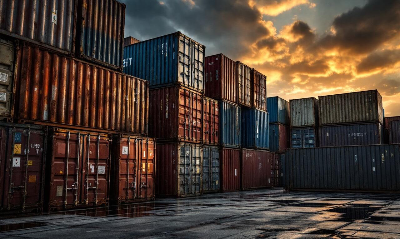 Photo réaliste de conteneurs empilés dans une cour industrielle au coucher du soleil, métaux patinés aux tons rouille, bleu et vert, lumière volumétrique dorée, ombres profondes et reflets sur le sol humide.
