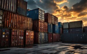 Photo réaliste de conteneurs empilés dans une cour industrielle au coucher du soleil, métaux patinés aux tons rouille, bleu et vert, lumière volumétrique dorée, ombres profondes et reflets sur le sol humide.