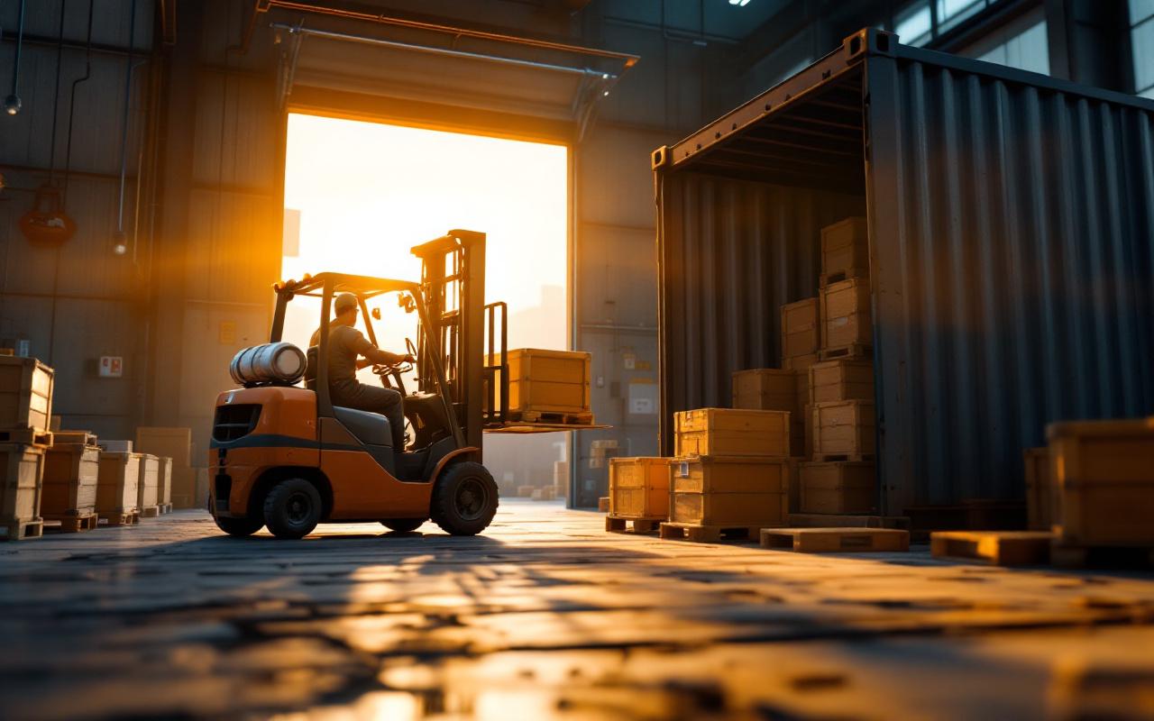 Un travailleur charge des marchandises dans un container de stockage à l'intérieur d'un entrepôt, éclairé par des rayons de lumière dorée au coucher du soleil, avec un chariot élévateur et des caisses en arrière-plan.