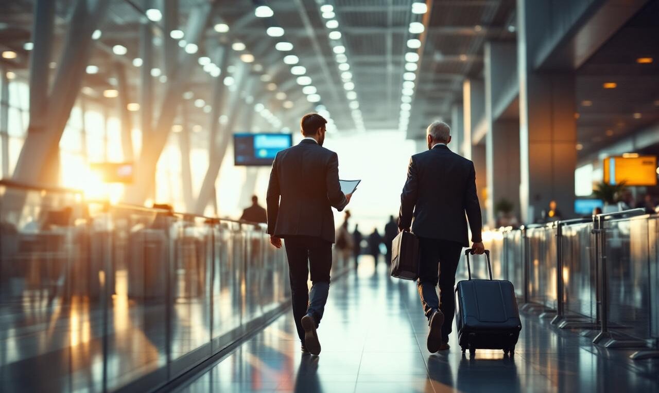 Consultants en déplacement dans un aéroport international, transportant des ordinateurs portables et des bagages, dans une ambiance business avec lumière naturelle et profondeur de champ.