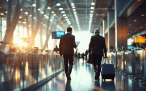 Consultants en déplacement dans un aéroport international, transportant des ordinateurs portables et des bagages, dans une ambiance business avec lumière naturelle et profondeur de champ.