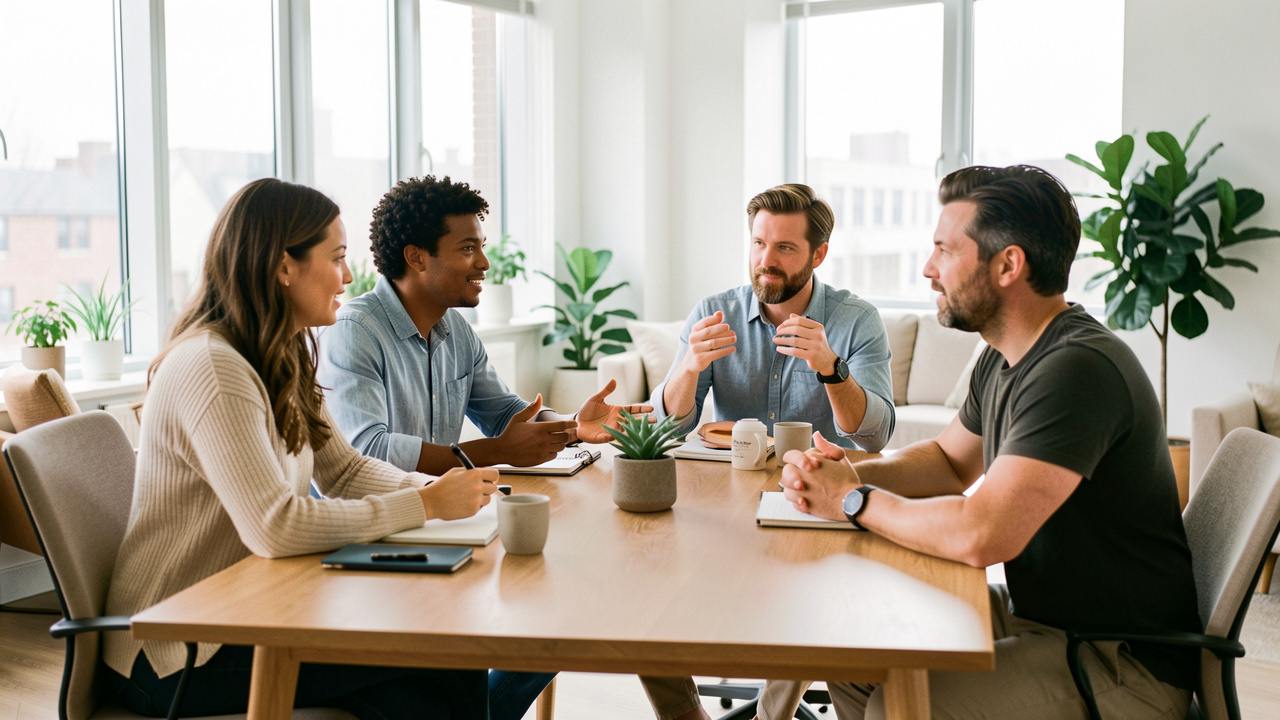 Équipe diverse composée de deux femmes et deux hommes échangeant autour d’une table dans un bureau moderne et lumineux.