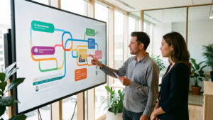 Équipe composée de deux femmes et d’un homme analysant un parcours client multicanal abstrait sur de grands écrans dans un bureau moderne et lumineux.