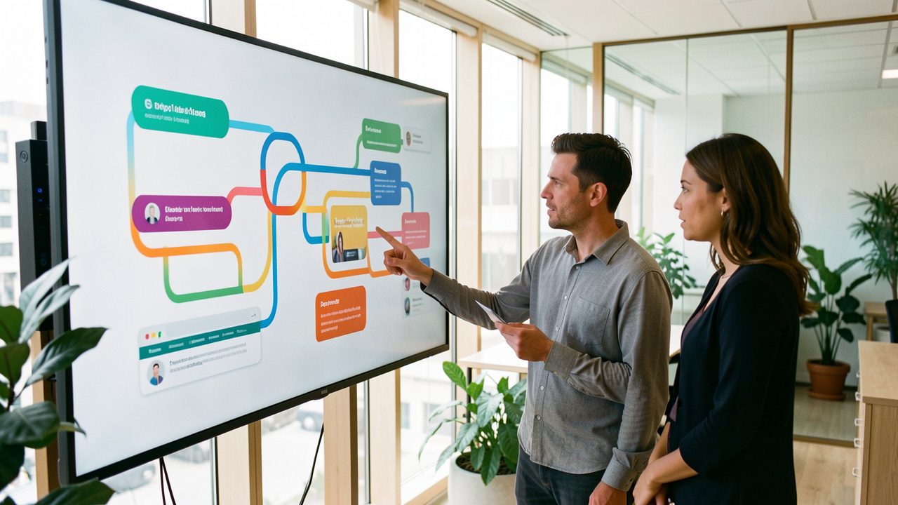 Équipe composée de deux femmes et d’un homme analysant un parcours client multicanal abstrait sur de grands écrans dans un bureau moderne et lumineux.