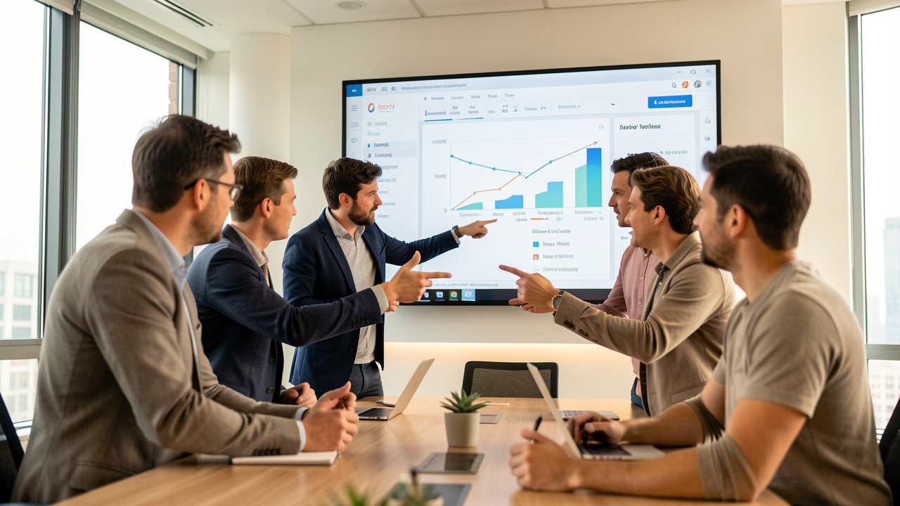 Une équipe se réunit dans une salle de conférence moderne, devant un tableau de bord digital projeté sur un écran mural, avec une ambiance professionnelle et éclairage lumineux.