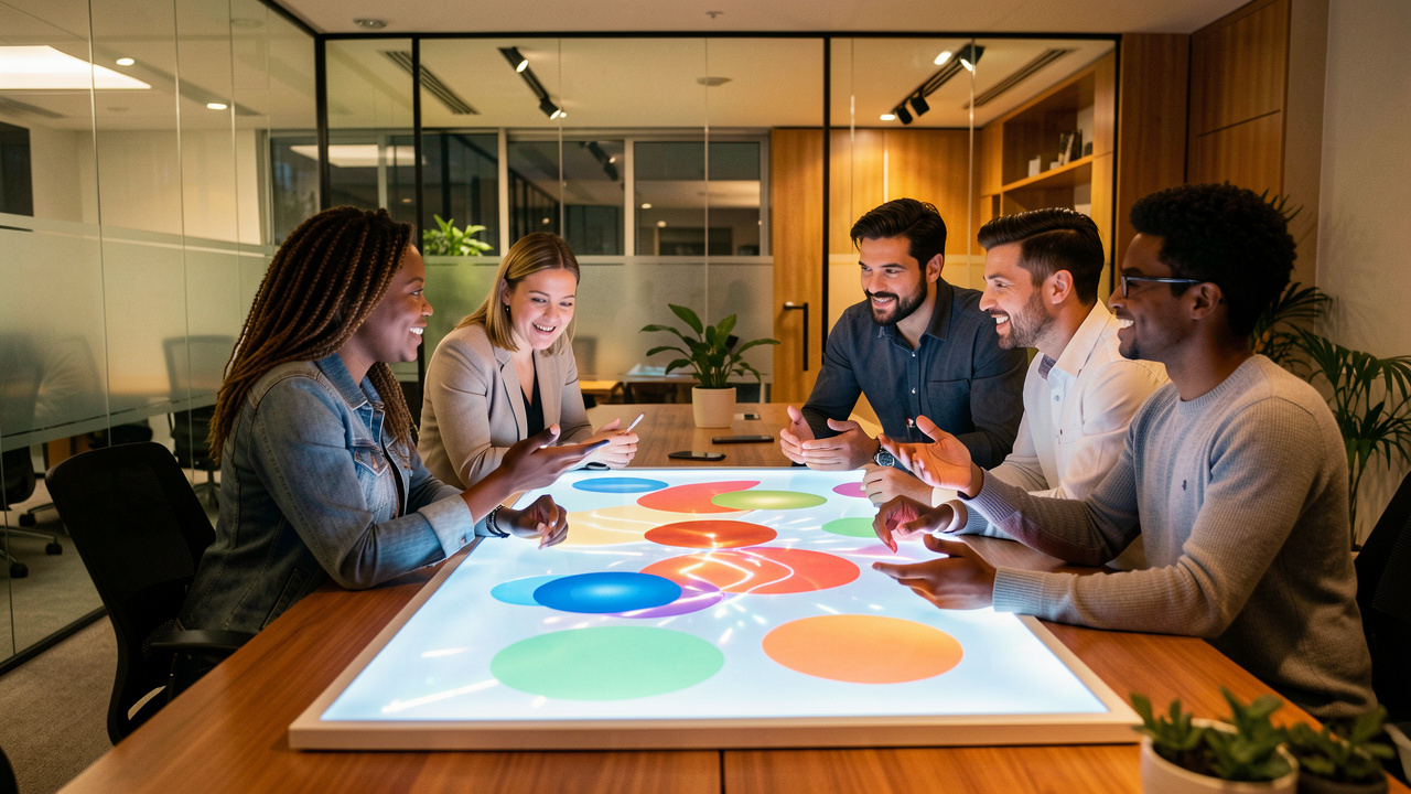 Équipe diverse composée de deux femmes et deux hommes échangeant autour d’un tableau collaboratif lumineux dans un bureau moderne et professionnel.