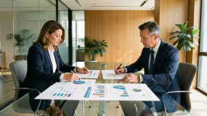 Deux dirigeants, une femme et un homme, analysent des graphiques financiers abstraits dans une salle de réunion moderne et lumineuse.