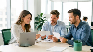 Deux femmes et un homme analysent des fiches vierges autour d’un ordinateur portable dans un bureau lumineux et moderne.