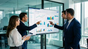 Équipe commerciale B2B composée de deux femmes et deux hommes analysant ensemble plusieurs canaux d’acquisition sur un tableau de bord moderne.
