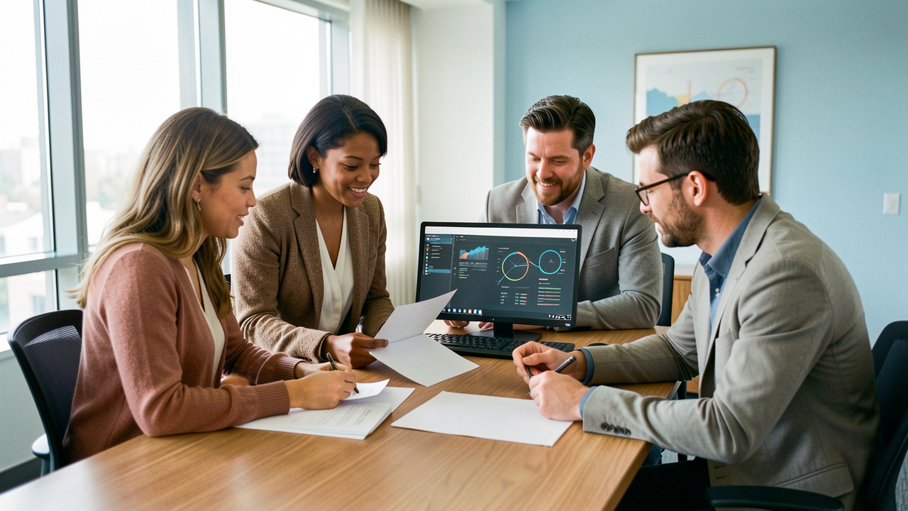 Équipe financière composée de deux femmes et deux hommes réunie autour d’un bureau moderne lumineux, avec des documents vierges, un ordinateur et des tableaux de bord abstraits.