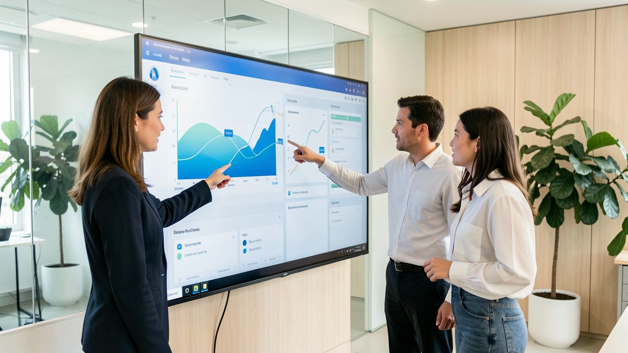 Trois collègues réunis dans un bureau moderne et lumineux devant un tableau de bord numérique présentant des visualisations abstraites et des logiciels interconnectés.