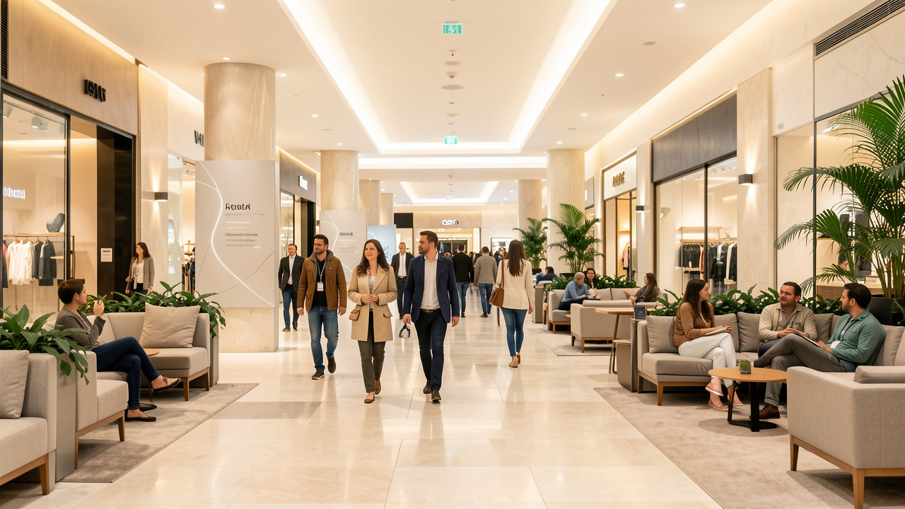Galerie commerciale lumineuse avec des visiteurs variés, des espaces de repos modernes, une végétation intérieure et une ambiance chaleureuse.