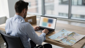Acheteur professionnel consultant une boutique européenne sur un ordinateur, avec un colis fermé et une carte de l’Europe posés sur un bureau sobre.