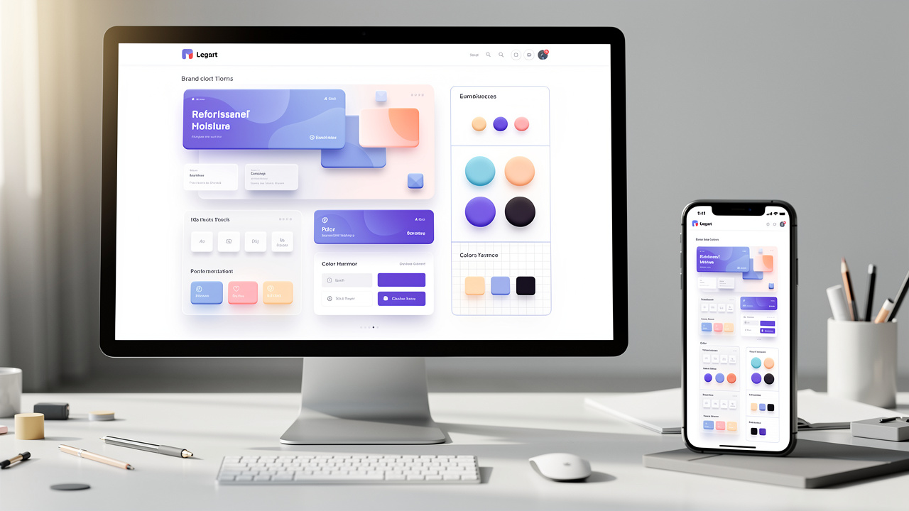 Ordinateur et smartphone affichant une interface de conception de marque générée par IA, avec palette de couleurs et maquette responsive sans texte lisible.