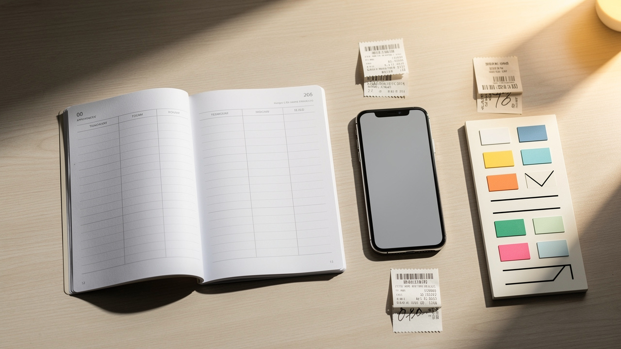 Vue de dessus d’un bureau d’infirmière libérale organisé avec un agenda vierge, des documents financiers sans inscription, un téléphone professionnel, des reçus et un tableau de suivi coloré.