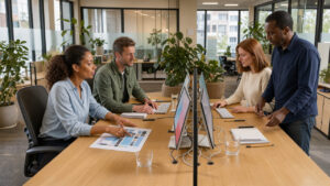 Bureau moderne et lumineux avec des plantes vertes, des espaces collaboratifs soignés et quatre salariés travaillant autour de bureaux partagés.