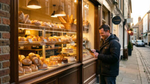 Devanture chaleureuse d’une boulangerie artisanale avec vitrine garnie de pains et de pâtisseries, tandis qu’un commerçant utilise une tablette dans une rue de quartier.