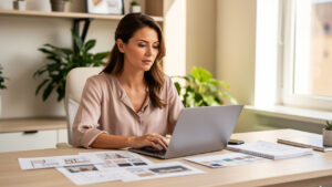 Une dirigeante de petite entreprise compare plusieurs maquettes modernes de site web sur un ordinateur portable dans un bureau lumineux.