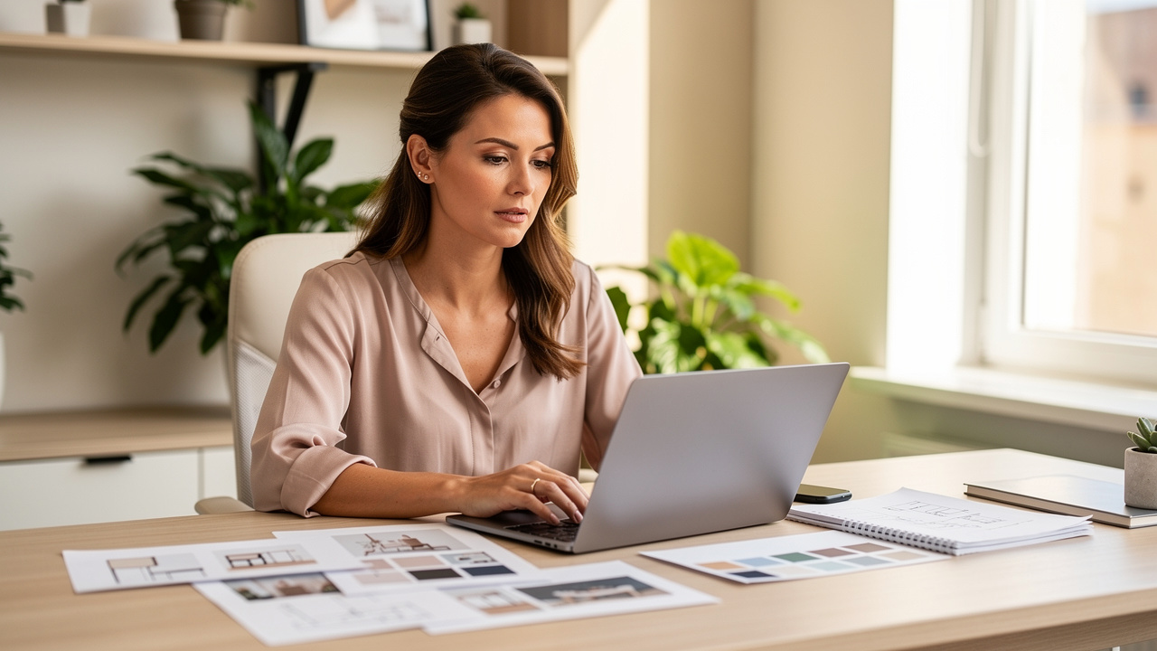 Une dirigeante de petite entreprise compare plusieurs maquettes modernes de site web sur un ordinateur portable dans un bureau lumineux.