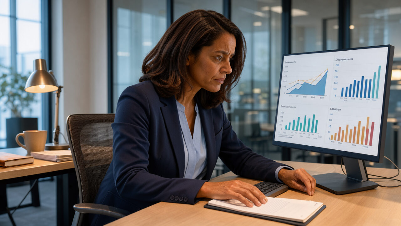 Une dirigeante analyse sur un grand écran des graphiques économiques abstraits dans un bureau professionnel moderne.