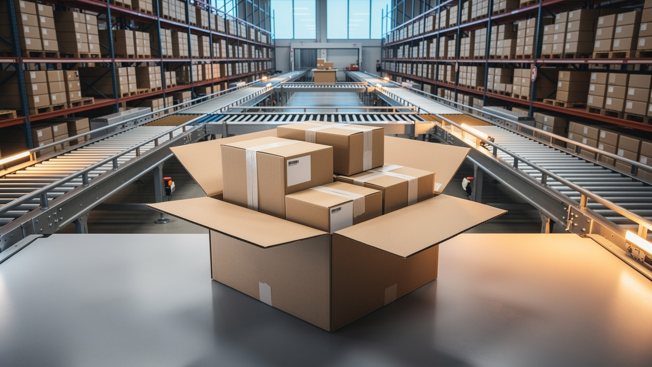 Entrepôt logistique européen présentant plusieurs colis soigneusement regroupés dans un carton d’expédition international.