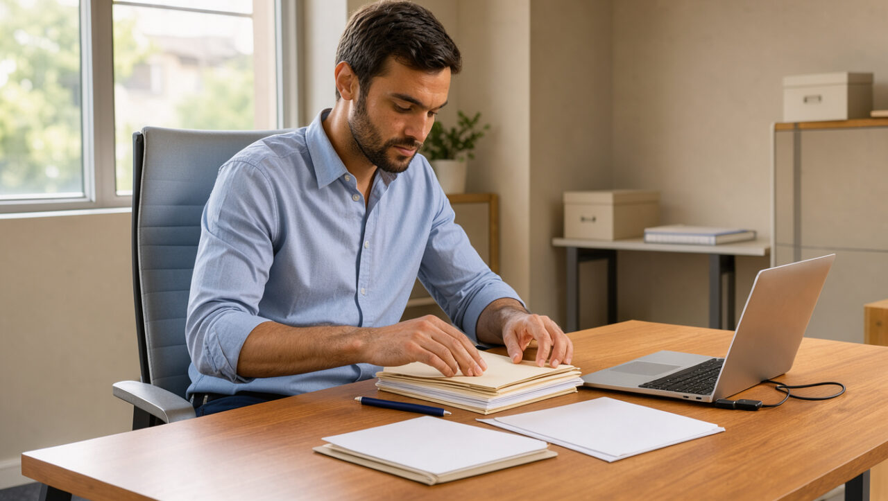 Entrepreneur indépendant organisant des dossiers, un ordinateur portable et un calendrier vierge sur un bureau lumineux dans un espace de travail professionnel.