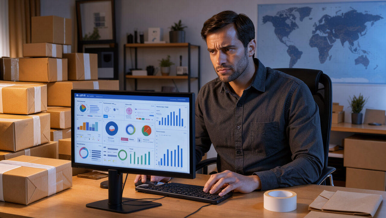 Un entrepreneur travaille devant un ordinateur, entouré de colis, d’une carte du monde éclairée et de tableaux de bord e-commerce lumineux.