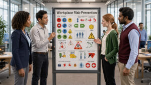 Équipe d’entreprise composée de femmes et d’hommes réunie autour d’un tableau visuel de prévention des risques dans un bureau moderne.