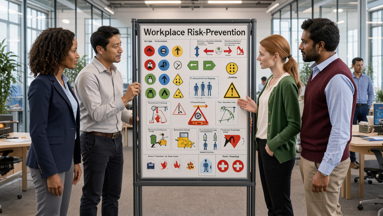 Équipe d’entreprise composée de femmes et d’hommes réunie autour d’un tableau visuel de prévention des risques dans un bureau moderne.