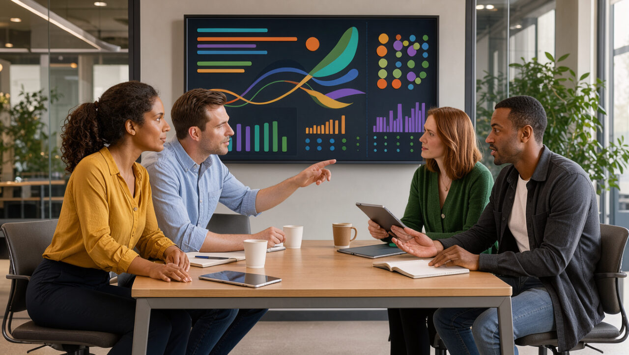 Deux femmes et deux hommes analysent ensemble un tableau de bord visuel dans un bureau moderne et lumineux, dans une ambiance collaborative.