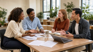 Équipe diverse échangeant autour d’une table dans un bureau moderne, lumineux et chaleureux avec des plantes vertes