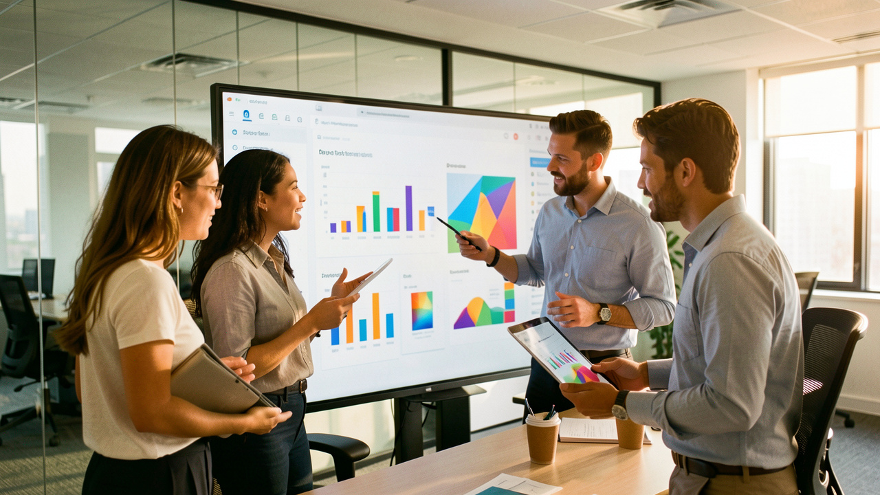 Équipe diversifiée composée de deux femmes et deux hommes réunie autour d’un tableau de bord numérique dans un bureau moderne et collaboratif.