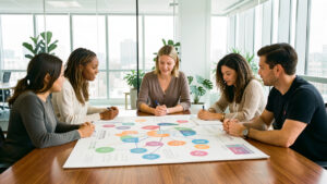Équipe pluridisciplinaire réunie autour d’un tableau de stratégie visuelle dans un bureau moderne et lumineux.