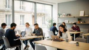 Espace de coworking lumineux et contemporain à Bordeaux, avec des hommes et des femmes travaillant sur des ordinateurs près de grandes fenêtres.