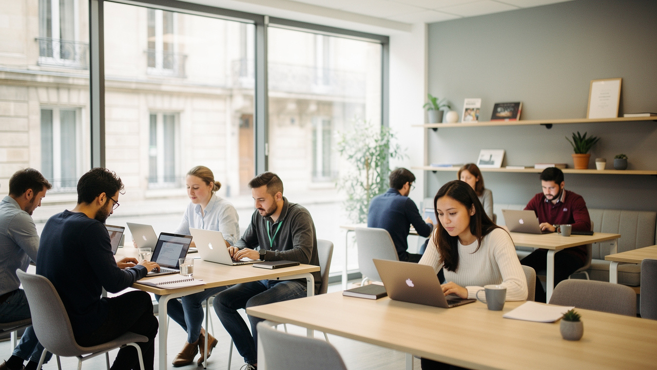 Espace de coworking lumineux et contemporain à Bordeaux, avec des hommes et des femmes travaillant sur des ordinateurs près de grandes fenêtres.