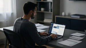 Un homme freelance travaille à son bureau avec un ordinateur, des documents vierges et un suivi visuel abstrait des paiements, dans une ambiance professionnelle et sobre.