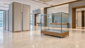 Hall d’entreprise moderne avec panneaux directionnels vierges, vitrine en verre et éléments muraux géométriques harmonisés.