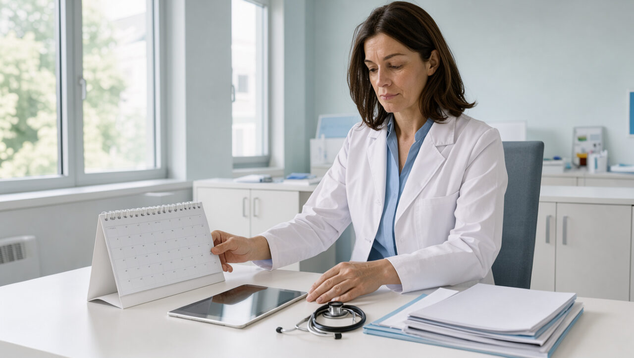 Médecin généraliste dans un cabinet lumineux et organisé, avec un agenda vierge, une tablette, un stéthoscope et des dossiers soigneusement rangés.