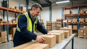 Responsable logistique contrôlant des colis soigneusement préparés dans un entrepôt moderne et organisé.