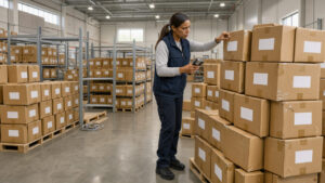 Responsable logistique inspectant des colis aux étiquettes vierges dans un entrepôt moderne, propre et lumineux.