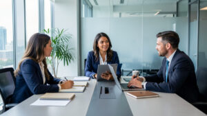 Réunion collaborative entre trois femmes et deux hommes dans un bureau moderne de grande entreprise, autour d’une table de conférence, dans une ambiance professionnelle.