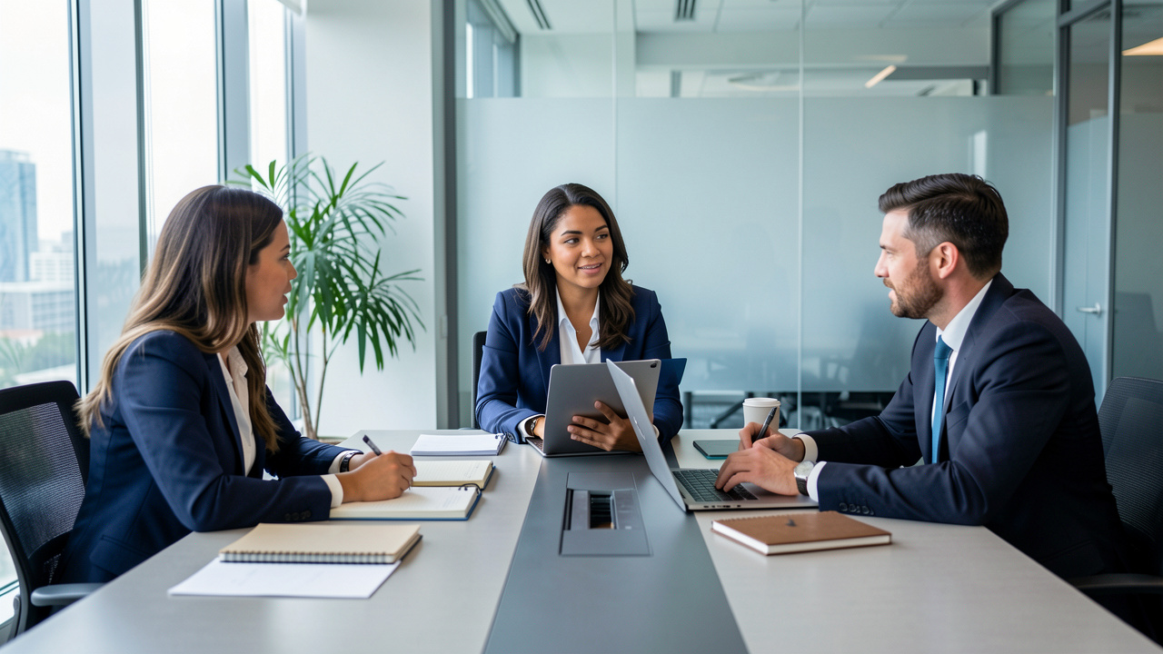 Réunion collaborative entre trois femmes et deux hommes dans un bureau moderne de grande entreprise, autour d’une table de conférence, dans une ambiance professionnelle.