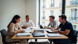 Réunion réaliste de quatre copropriétaires autour d’une table avec des dossiers administratifs vierges, dans un intérieur donnant sur un immeuble urbain français.